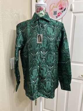 DiBanGu silk Emerald Green Paisley Satin Button-Down Shirt